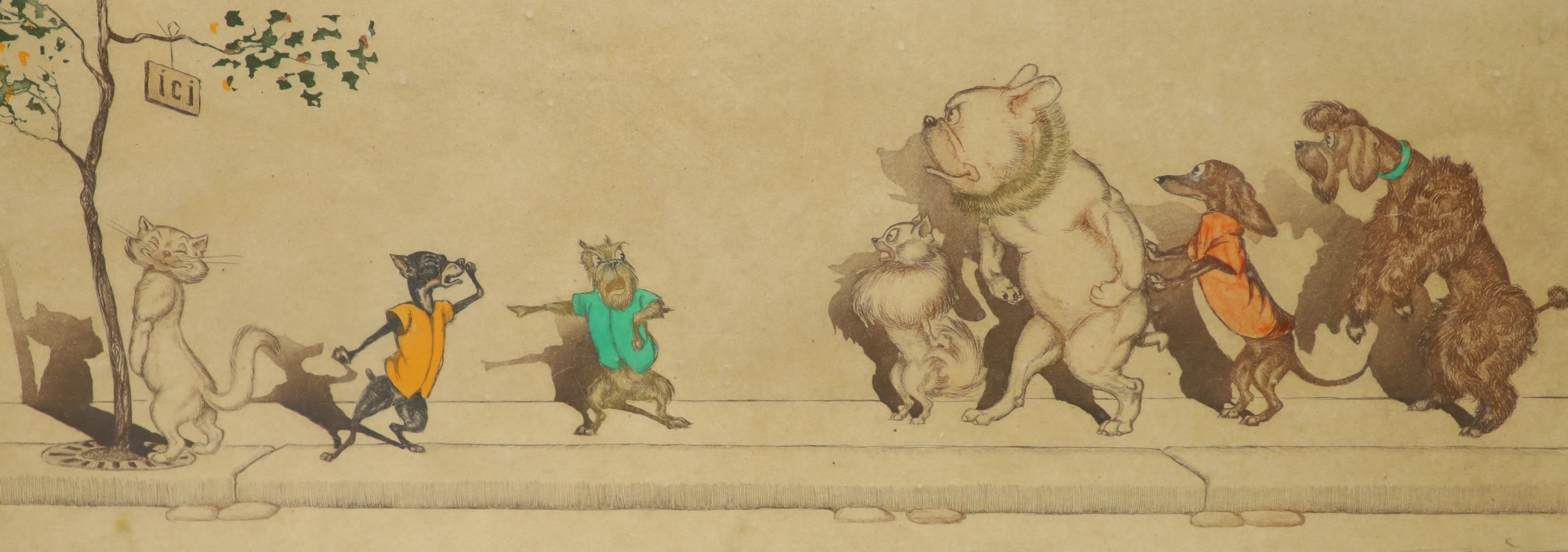 Boris Klein (1893-1985), a set of four dog themed etchings, signed in pencil, 17 x 43cm.